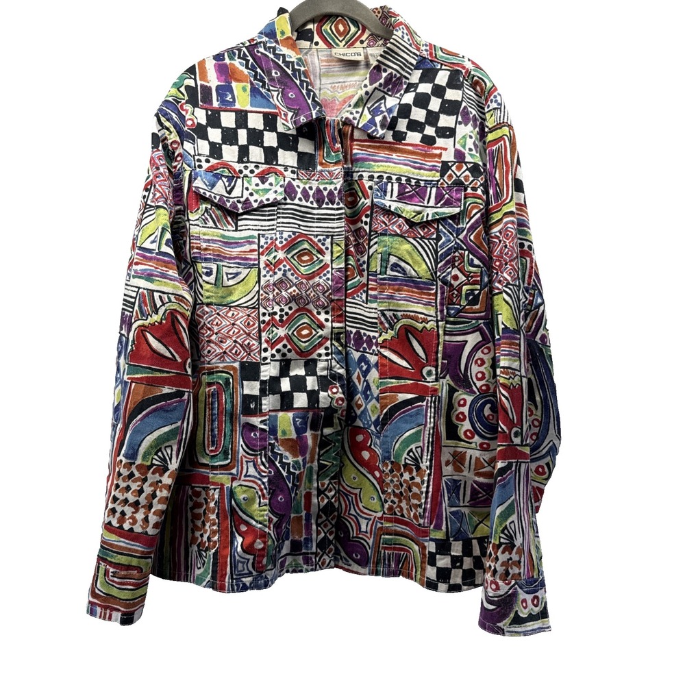 Chicos Women's Jacket Size XL Artsy Colorful VTG Patchwork Graffiti Y2K Button